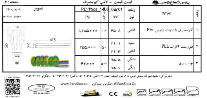 لیست13 قیمت پارس شعاع توس مهر 1400