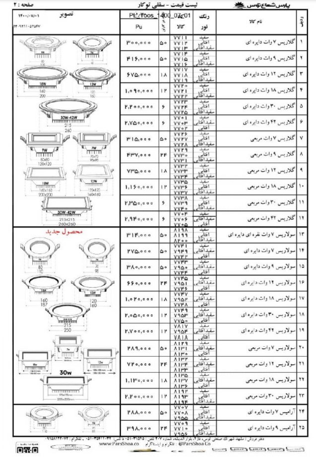 لیست2 قیمت پارس شعاع توس مهر 1400