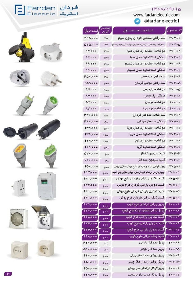 لیست قیمت محصولات فردان الکتریک آذر 1400