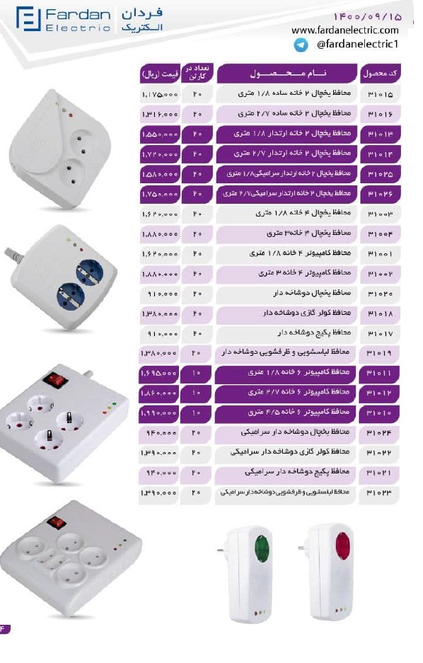 لیست قیمت محصولات فردان الکتریک آذر 1400