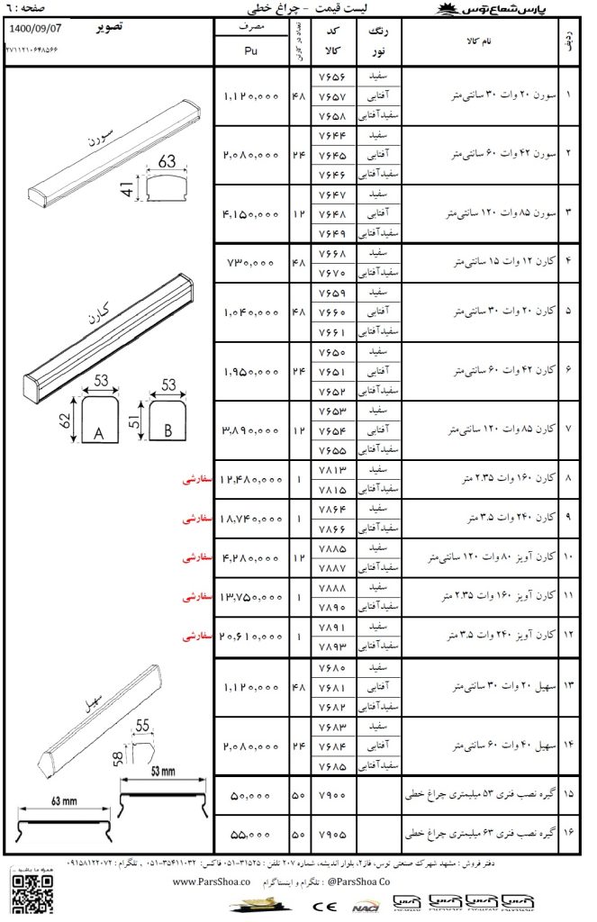 لیست قیمت چراغ خطی پارس شعاع آذر 1400