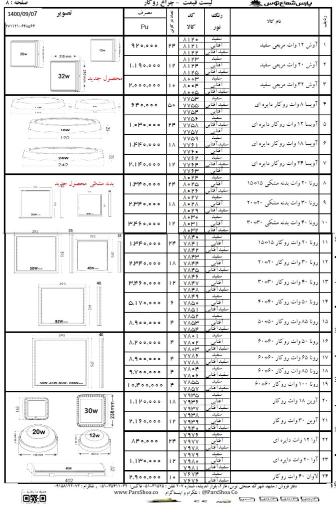 لیست قیمت چراغ روکار پارس شعاع آذر 1400