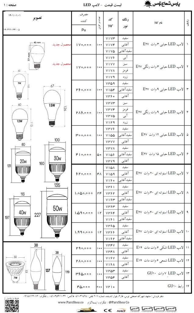 قیمت لامپ LED پارس شعاع