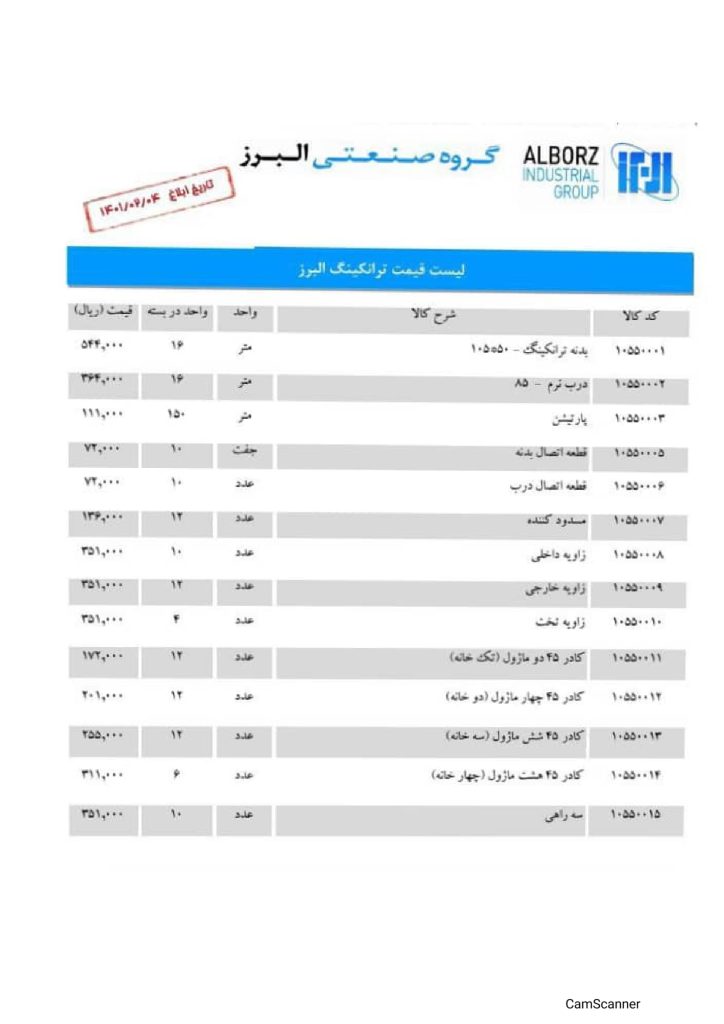 لیست قیمت اردیبهشت 1401 داکت البرز-2