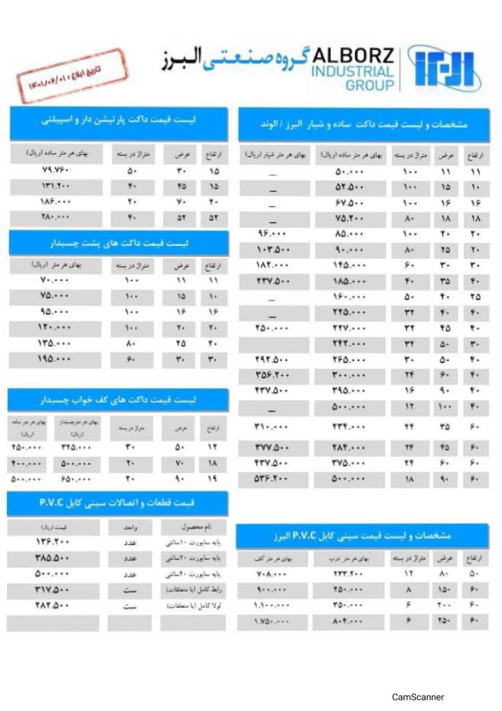 لیست قیمت اردیبهشت 1401 داکت البرز-3