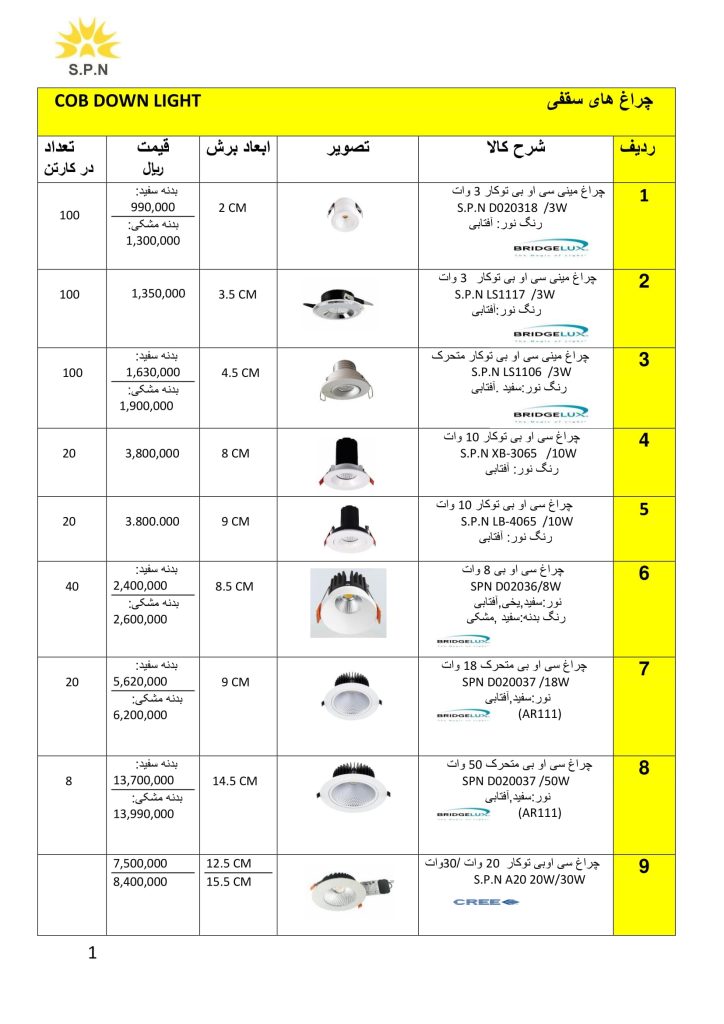 لیست قیمت اردیبهشت 1401 محصولات روشنایی S.P.N-02