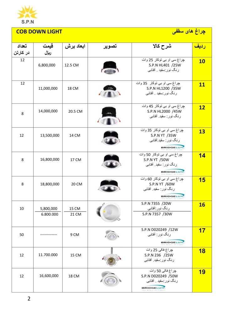 لیست قیمت اردیبهشت 1401 محصولات روشنایی S.P.N-03