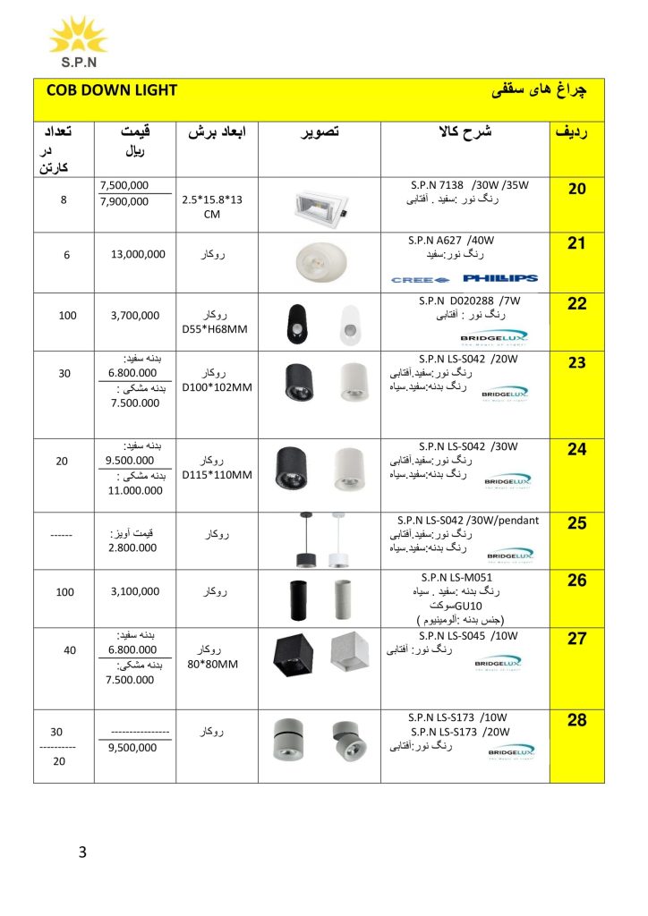 لیست قیمت اردیبهشت 1401 محصولات روشنایی S.P.N-04