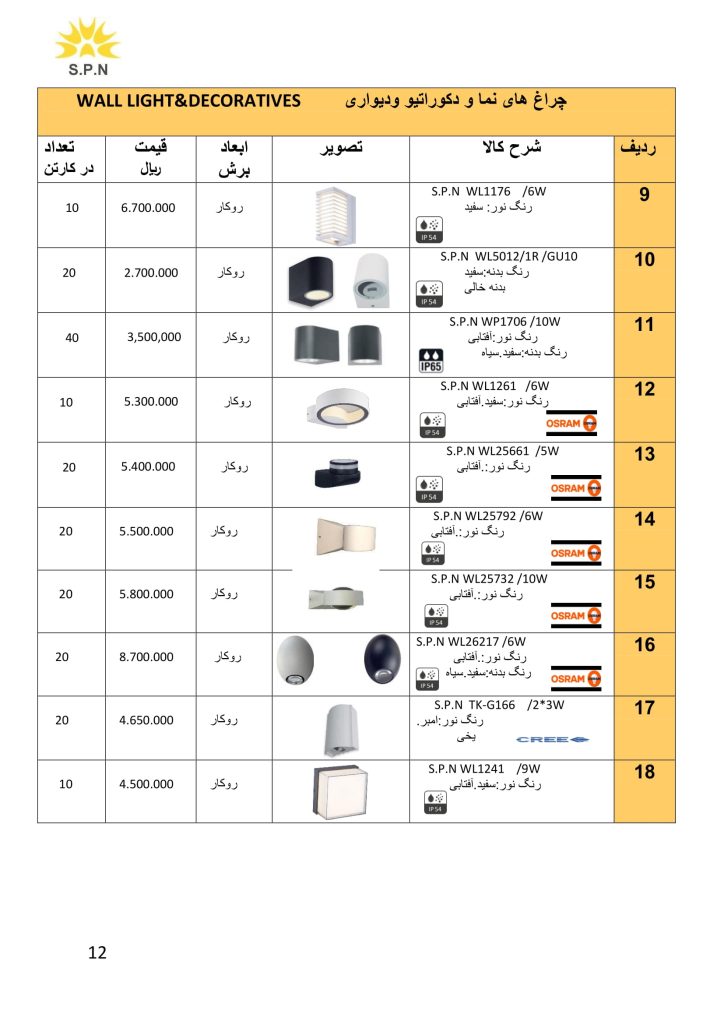لیست قیمت اردیبهشت 1401 محصولات روشنایی S.P.N-13