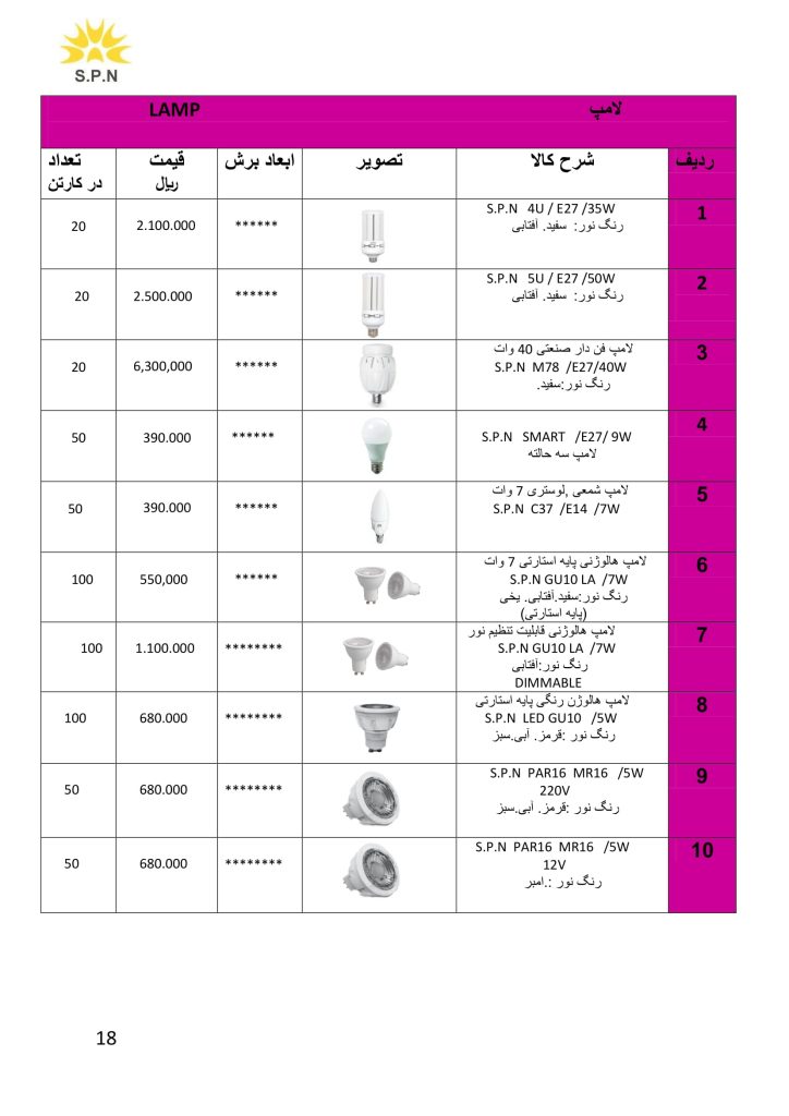 لیست قیمت اردیبهشت 1401 محصولات روشنایی S.P.N-19
