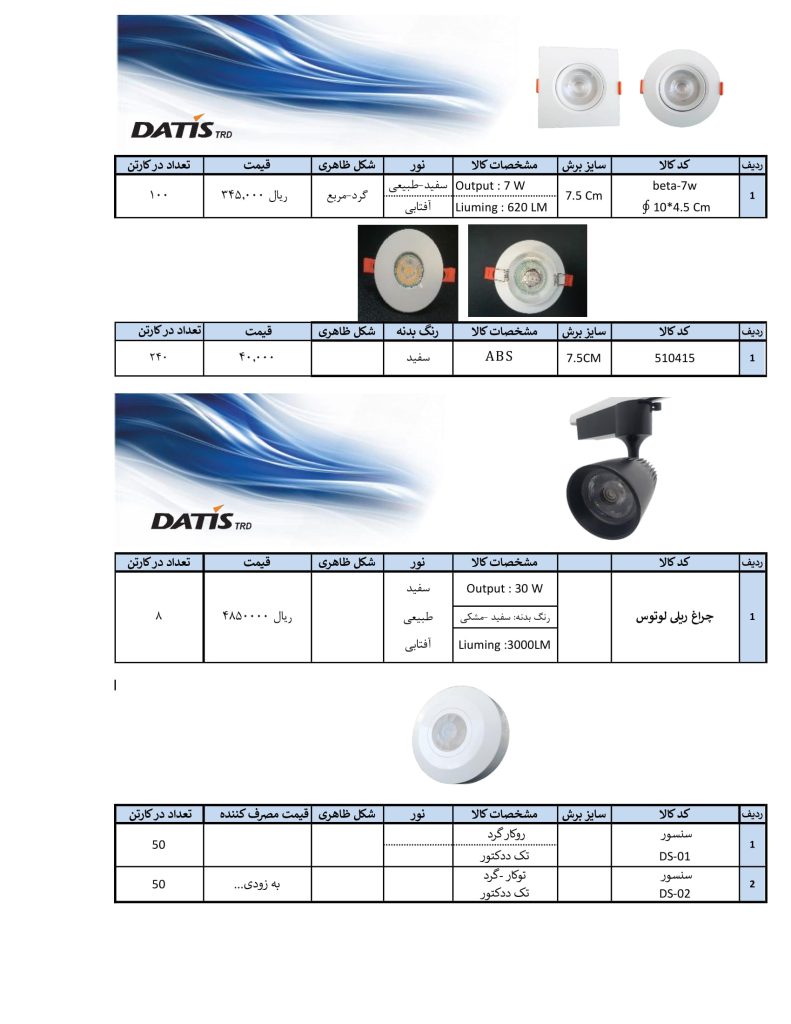 لیست قیمت محصولات روشنایی داتیس الکتریک فرودین 1401