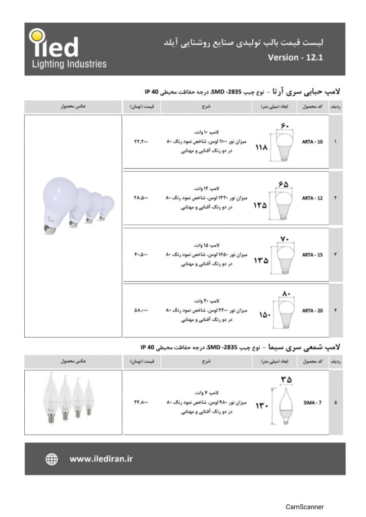 لیست قیمت شرکت روشنایی آیلد فروردین 1401-5