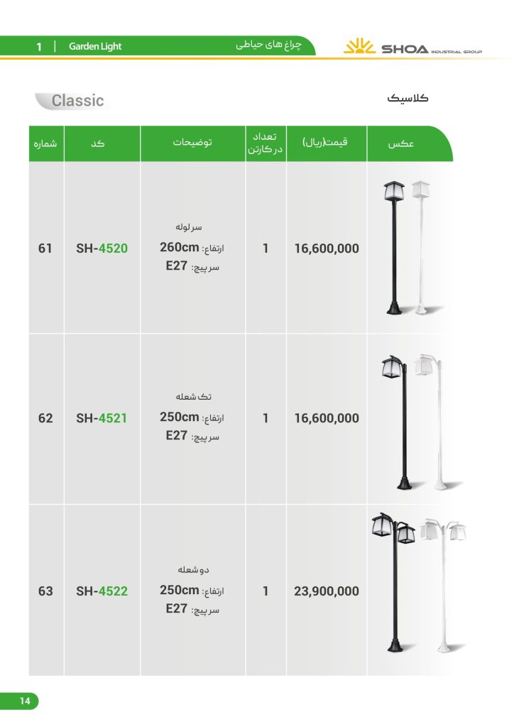 لیست قیمت محصولات روشنایی شعاع فرودین 1401-15