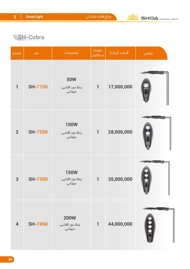 لیست قیمت محصولات روشنایی شعاع فرودین 1401-27