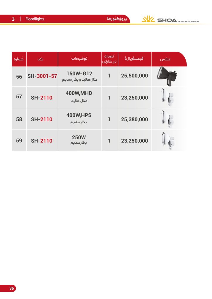 لیست قیمت محصولات روشنایی شعاع فرودین 1401-37