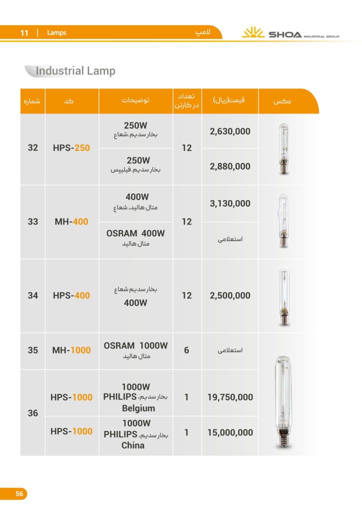 لیست قیمت محصولات روشنایی شعاع فرودین 1401-57