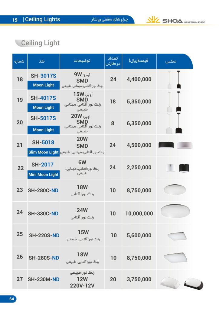 لیست قیمت محصولات روشنایی شعاع فرودین 1401-65