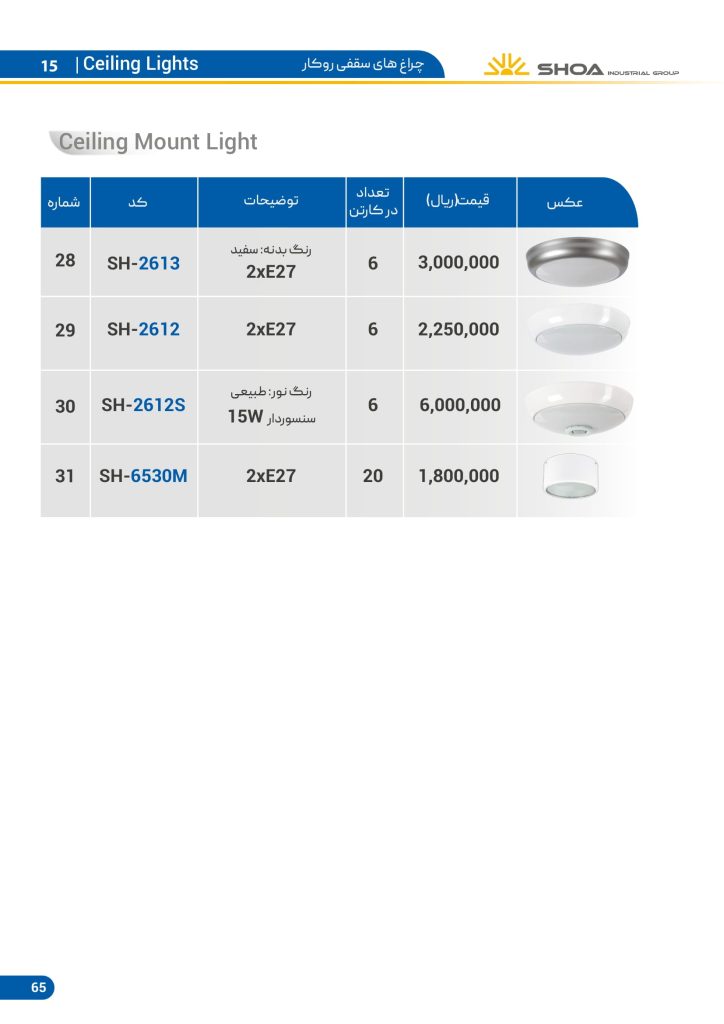 لیست قیمت محصولات روشنایی شعاع فرودین 1401-66