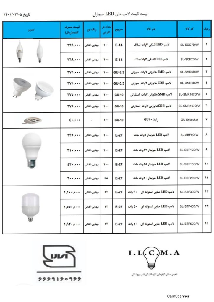 لیست قیمت اردیبهشت 1401 محصولات روشنایی سیماران-2