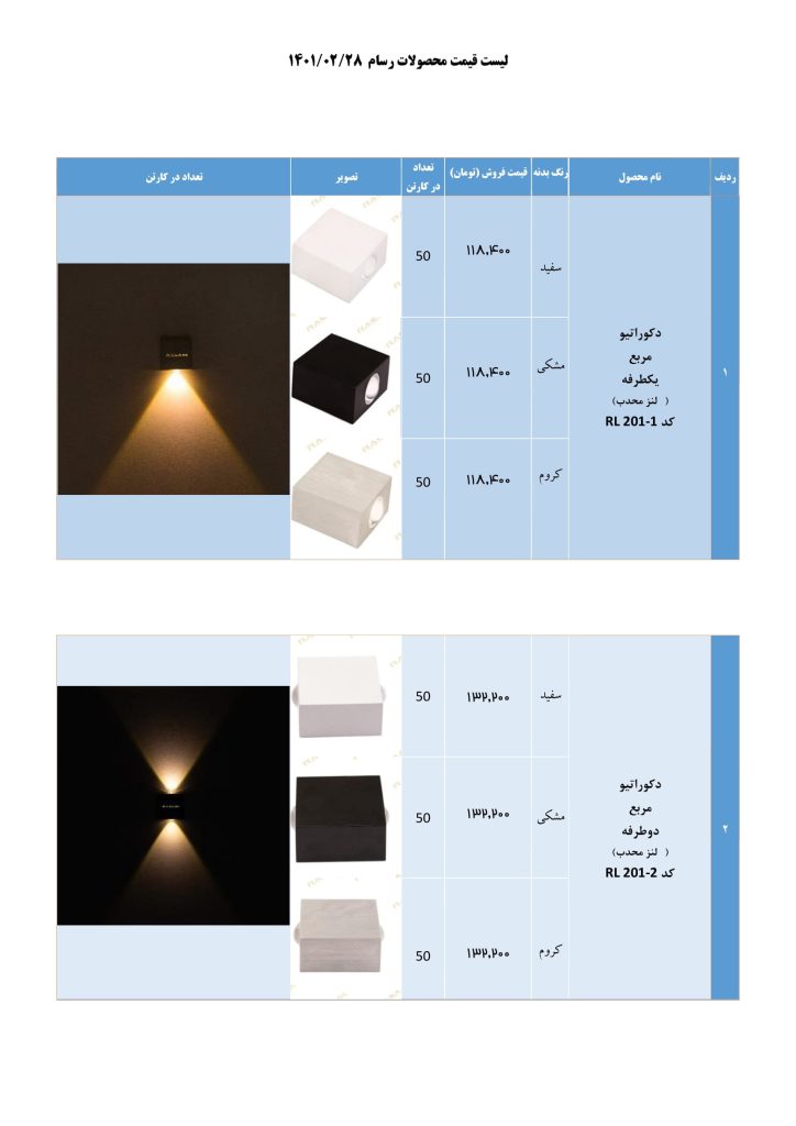 لیست قیمت خرداد 1401 محصولات روشنایی رسام-01