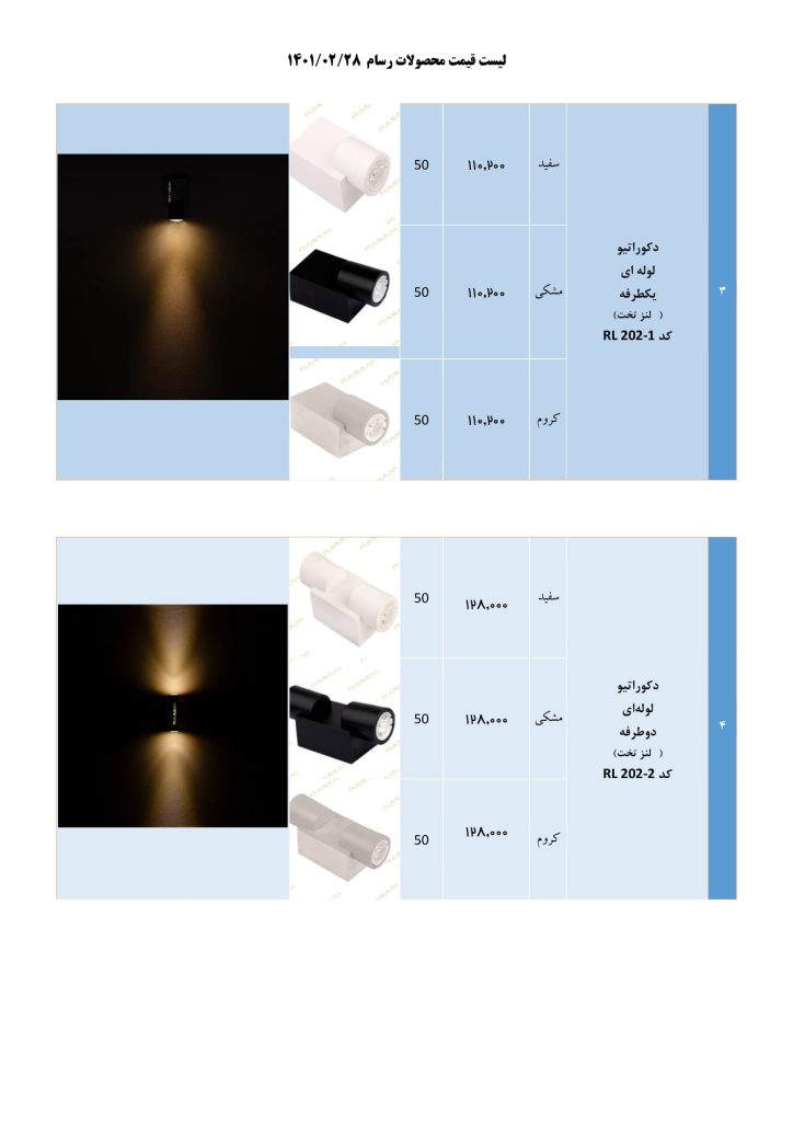 لیست قیمت خرداد 1401 محصولات روشنایی رسام-02
