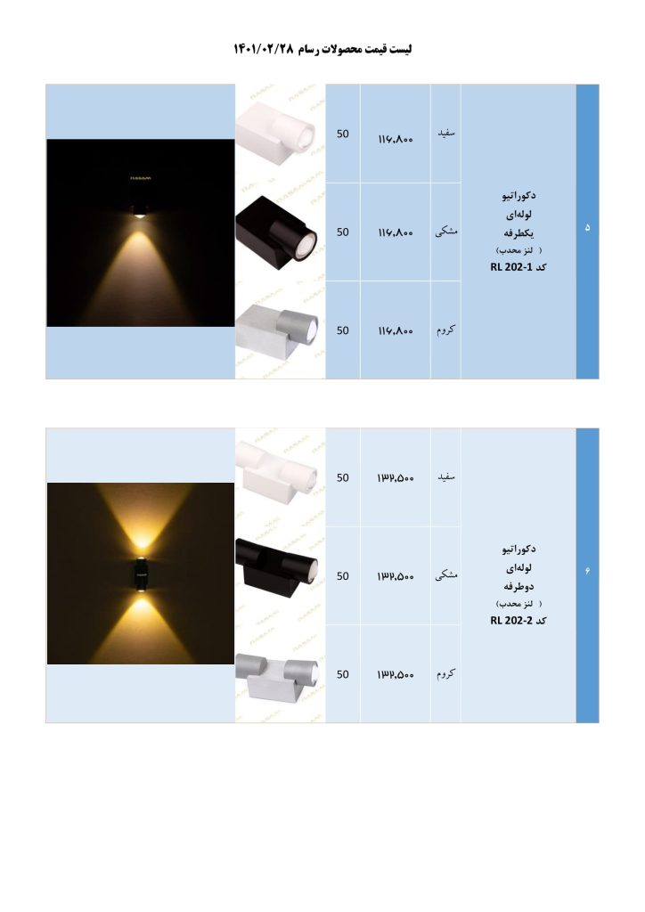 لیست قیمت خرداد 1401 محصولات روشنایی رسام-03