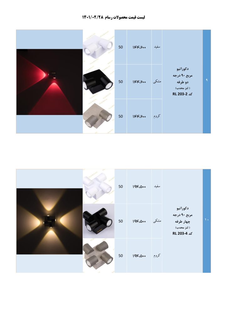 لیست قیمت خرداد 1401 محصولات روشنایی رسام-05