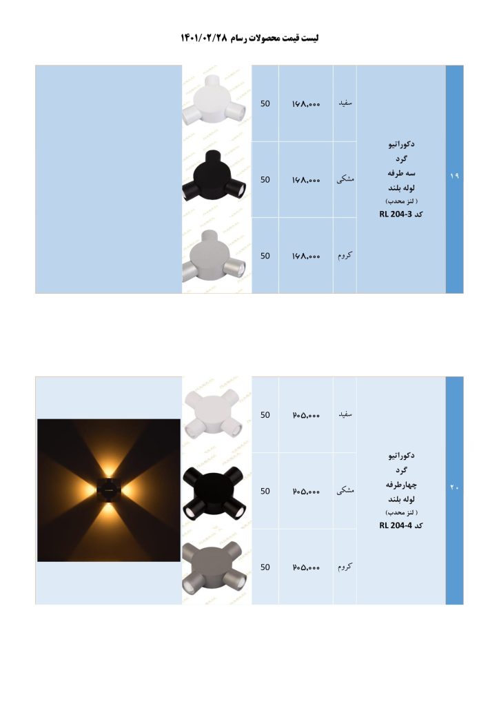 لیست قیمت خرداد 1401 محصولات روشنایی رسام-10