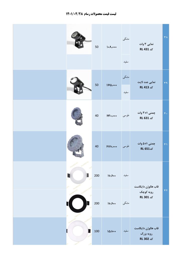 لیست قیمت خرداد 1401 محصولات روشنایی رسام-14