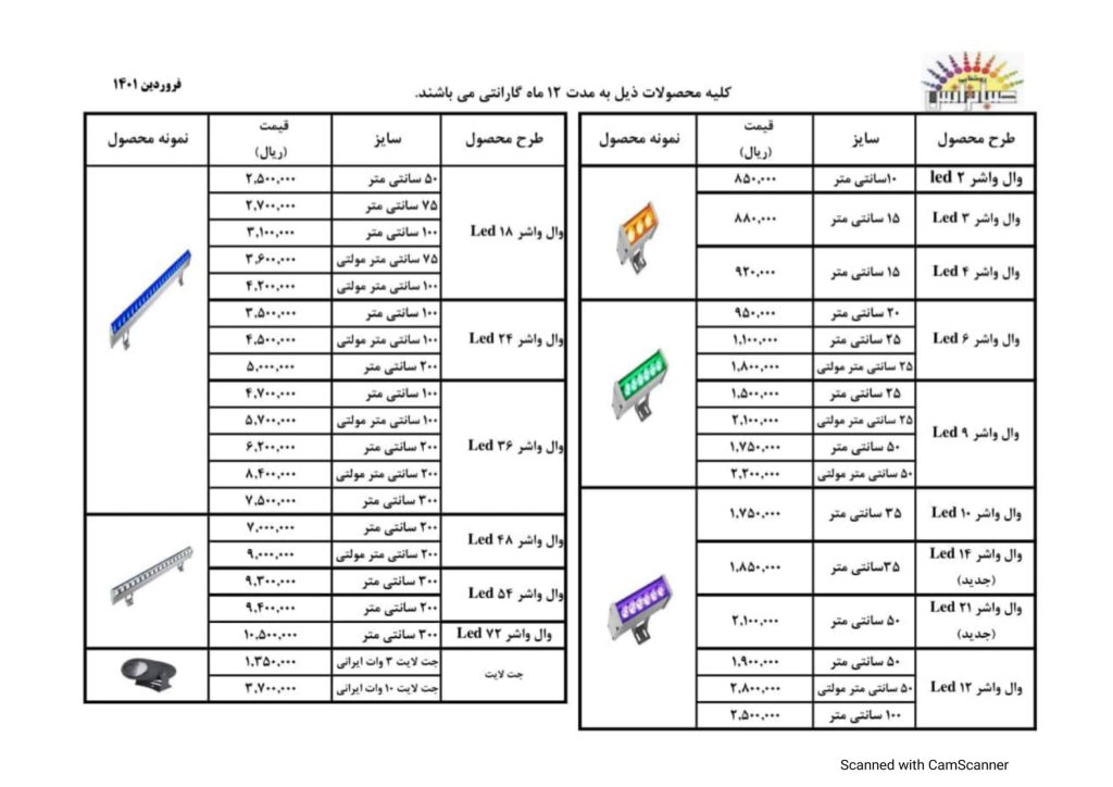 لیست قیمت خرداد 1401 محصولات روشنایی صباترانس-2