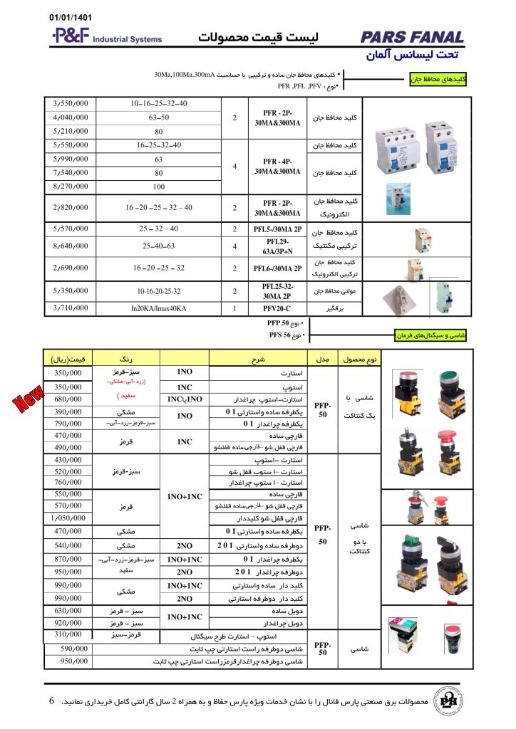 لیست قیمت خرداد 1401 پارس فانال-06