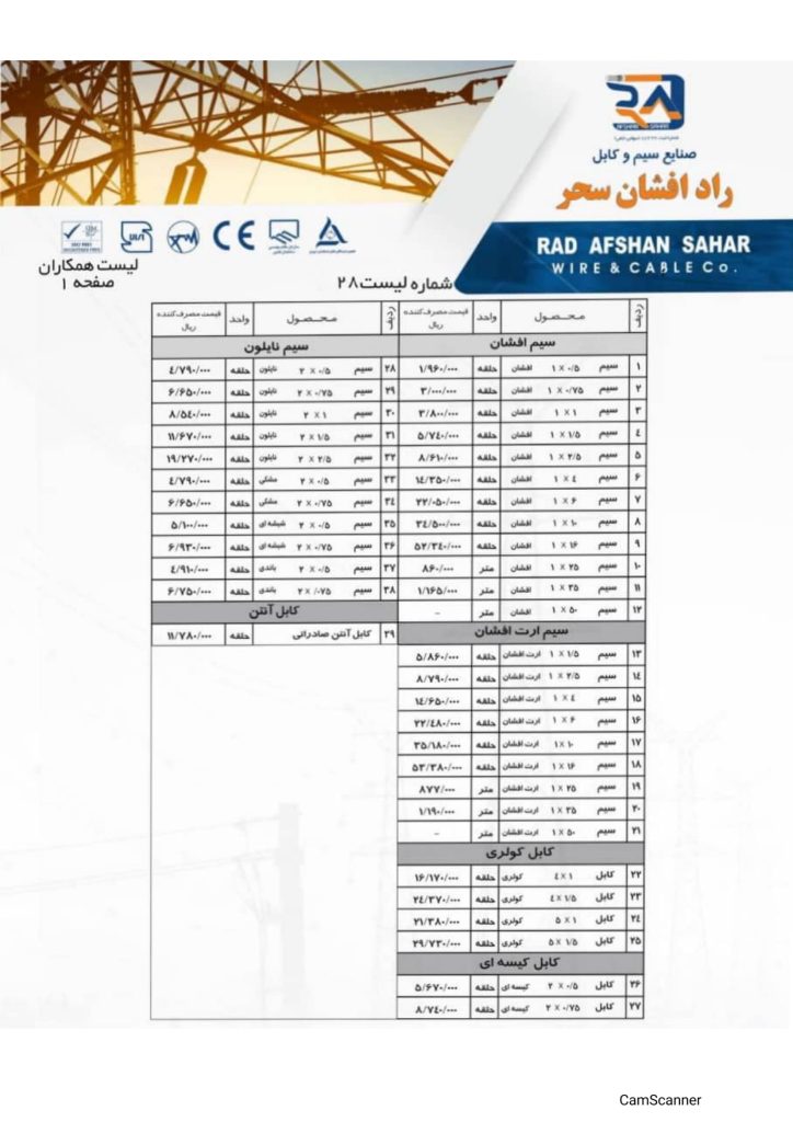لیست قیمت سیم وکابل شرکت راد افشان سحر اردیبهشت 1401-2