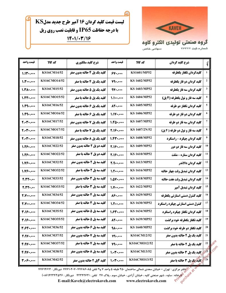 لیست قیمت خرداد 1401 محصولات الکتروکاوه-04